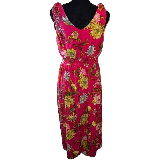 June And Hudson Sun Dress Floral Print Tie Strap Pink Buttons Size Medium‎ - Picture 3 of 8